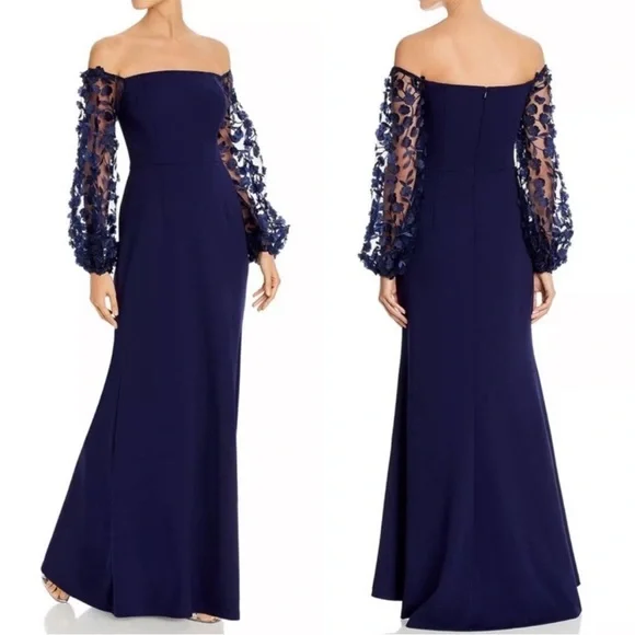 ELIZA J Off The Shoulder 3D Floral Sleeve Navy scuba crepe Blue Gown size 8 - Picture 1 of 13